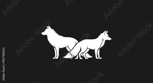 Silhouette of a wolf and fox facing opposite directions on dark background