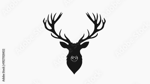 Silhouette of stag head with detailed antlers on white background