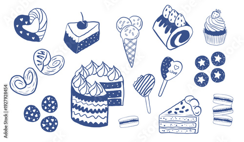 Hand drawn vector sweet illustrations with cookies, macarons, candies, cakes, pastries, muffins and pastries. Minimal blue line food collection for menus and cafes.