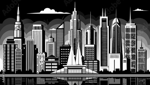 Very beautiful minimalist portrait of Chicago skyline in bold black and white silhouette, horizontal vector banner capturing iconic towers and architectural rhythm.