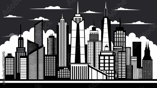 Very beautiful minimalist portrait of Chicago skyline in bold black and white silhouette, horizontal vector banner capturing iconic towers and architectural rhythm.
