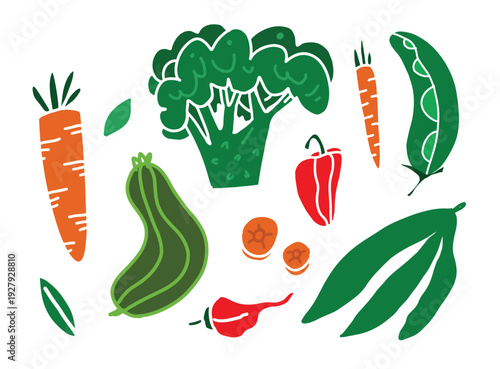 Colorful flat vegetable composition featuring broccoli, carrots, peppers, and greens. Hand drawn vector illustration designed for food packaging, recipes, and healthy lifestyle visuals.