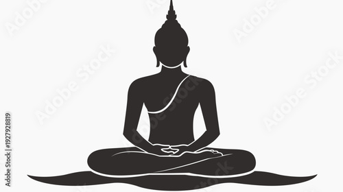 Silhouette of a seated buddha meditating against a clean white background