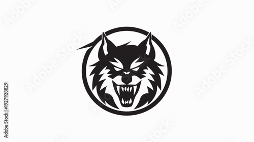 Ferocious wolf head emblem within a circle black and white illustration