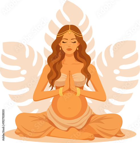  Illustration of a pregnant woman practicing meditation in lotus pose with botanical background. Square format suitable for yoga studio promotion, wellness branding or social media design.