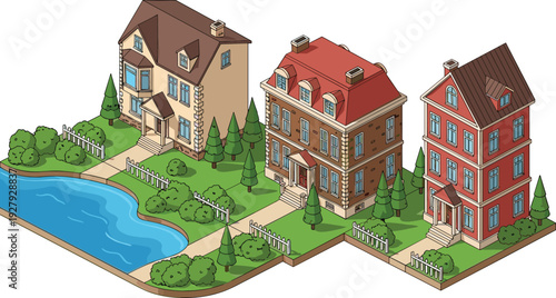 Three colorful houses with gardens and a pond in a suburban neighborhood buildings