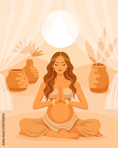 Illustration of a pregnant woman practicing meditation in lotus pose with warm earthy tones and decorative elements. Concept of prenatal yoga, motherhood and wellness