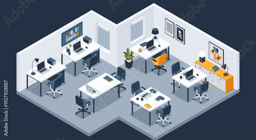 Modern office space with multiple workstations and computer equipment.