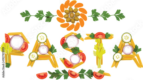 Fresh Vegetable Typography Word Made of Cucumber, Tomato, Carrot and Onion Healthy Food Vector Illustration Design