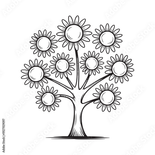A whimsical black and white illustration depicts a tree with sunflower blossoms instead of leaves high quality