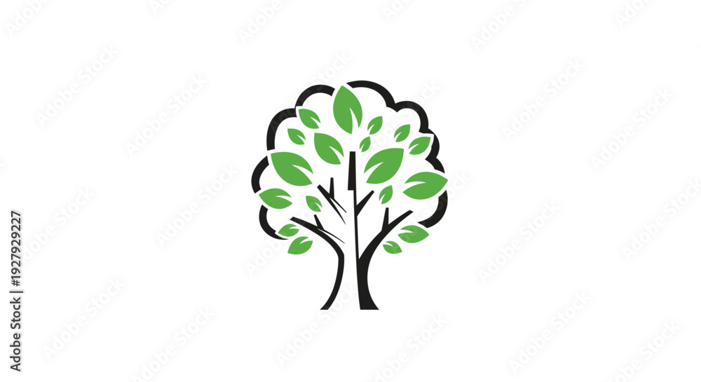 Obraz premium Stylized tree illustration with green leaves and black outline on white background