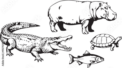 river wildlife silhouette pack crocodile hippo fish turtle.