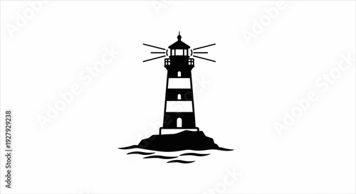 Black and white illustration of a lighthouse on a rocky outcrop