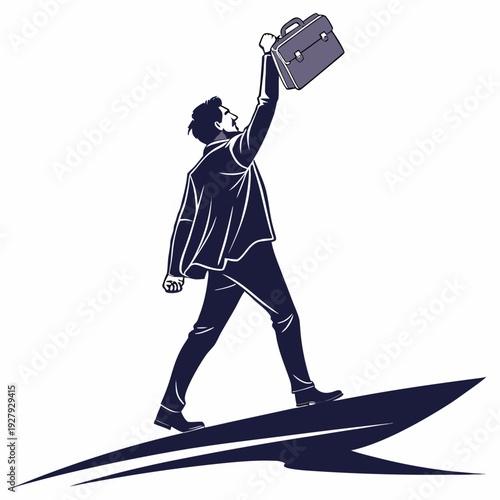 Successful Businessman Holding Briefcase Up High While Walking On A Rising Arrow