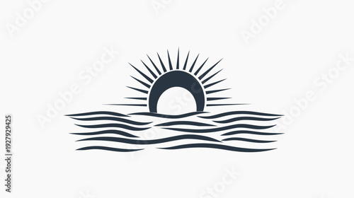 Stylized ocean sunset illustration vector design of sun and water waves