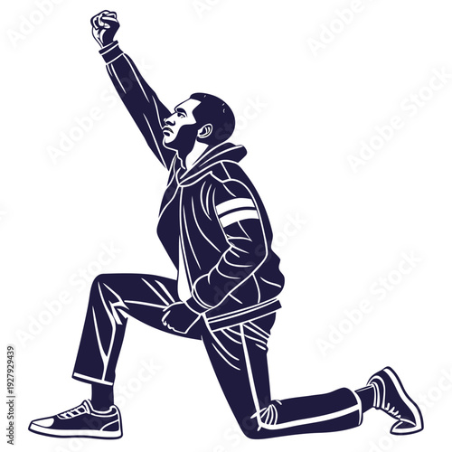 Protester kneeling with raised fist symbolizing resistance and activism