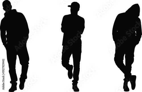 Vector Silhouette Set Featuring Young Men Wearing Hoodies and Caps in Casual Relaxed Poses for Urban Lifestyle Design