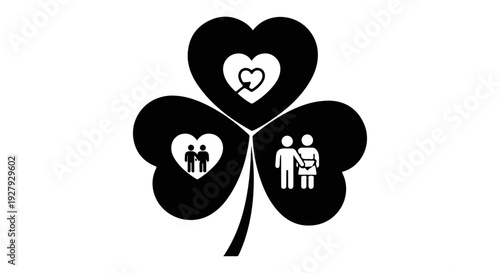 A black clover design features symbols of love family and togetherness