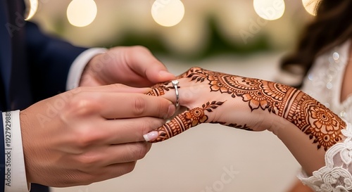 Close Up Engagement Diamond Ring on Finger with Henna Detail