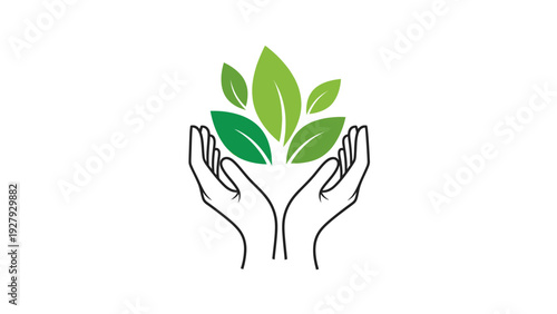 Hands holding green leaves emblem representing nature and environmental care