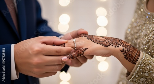 Close up Intimate Wedding Ring Ceremony with Henna Hands Image