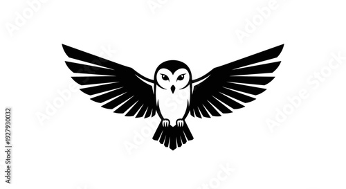 Black and white owl graphic with outstretched wings vector illustration