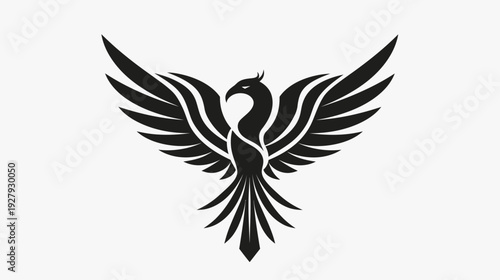 Elegant phoenix bird illustration black silhouette against white background