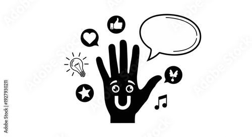 A black silhouette of a hand with a smiling face surrounded by social media icons