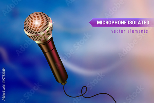 Realistic microphone isolated on a clean background with subtle sound wave and light effects. Concept for music, audio recording, podcasting, broadcasting, karaoke, and voice talent promotion.
