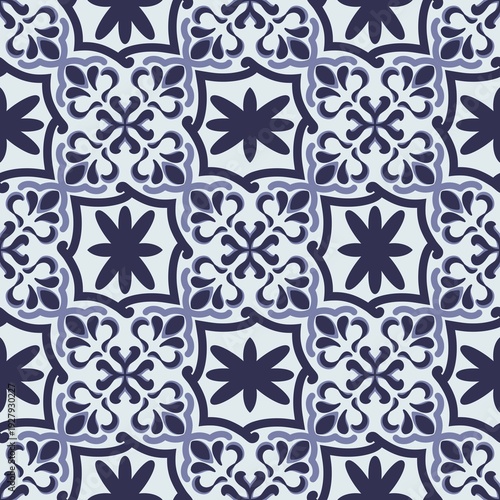 Seamless Indigo Ornamental Tile Pattern with Classic Floral Geometry, Elegant Blue Mediterranean Inspired Repeating Tile Pattern, Vintage Style Geometric Floral Seamless Pattern in Navy and Soft Blue 