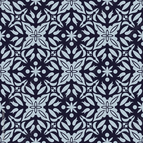 Seamless Indigo Ornamental Tile Pattern with Classic Floral Geometry, Elegant Blue Mediterranean Inspired Repeating Tile Pattern, Vintage Style Geometric Floral Seamless Pattern in Navy and Soft Blue 