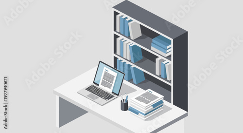 Isometric illustration of a modern workspace with laptop and bookshelves.