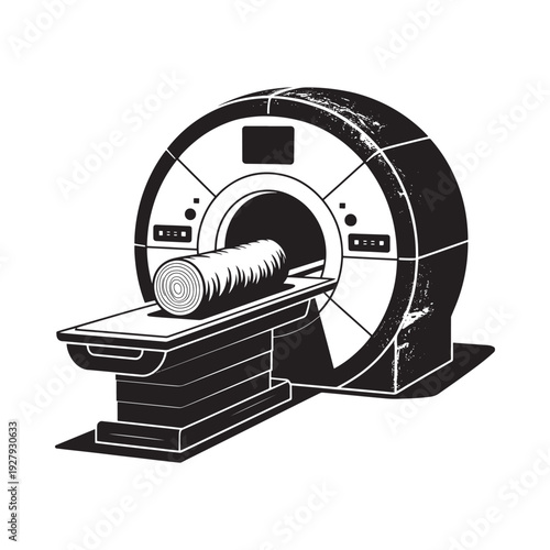 A stylized black and white illustration depicts a medical mri machine scanning a cylindrical object high quality