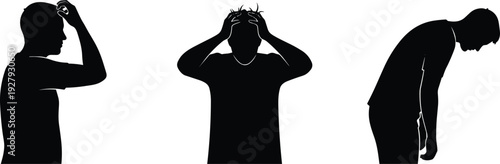 Vector Silhouette Set Featuring Men Expressing Stress Headache Depression and Mental Health Struggles for Healthcare and Wellness Design