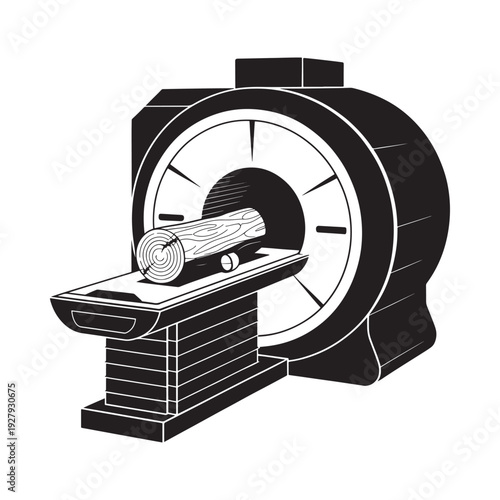 A stylized black and white illustration depicts a log positioned inside a large circular scanning machine
