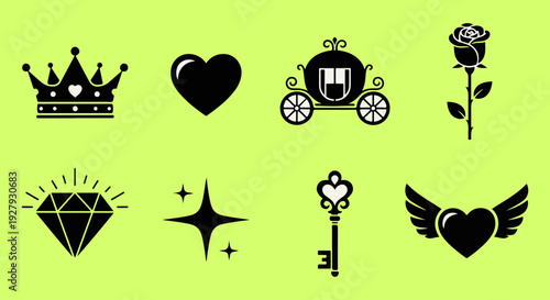 A collection of black silhouette icons depicting royalty love and fantasy elements