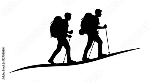 Silhouettes of two hikers with backpacks walking uphill on a landscape