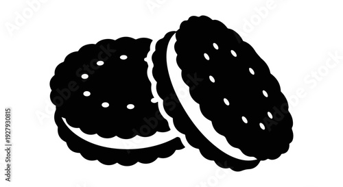 A simple black and white illustration depicts two chocolate sandwich cookies stacked slightly askew