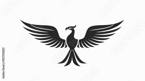 Elegant phoenix symbol in flight artistic silhouette on clean white background