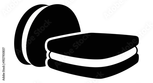 A simple black and white illustration of two stacked cookies with cream filling