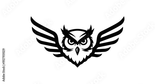Stylized owl silhouette with wings outspread in black and white design