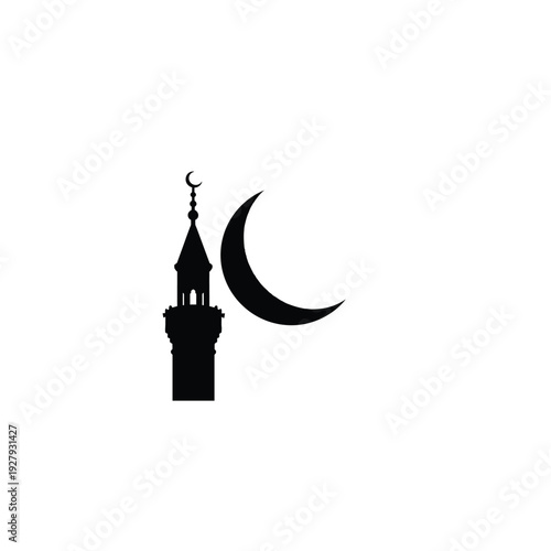 Mosque Minaret Silhouette with Crescent Moon, Islamic Symbol