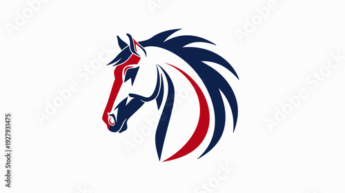 Stylized horse head logo in red white and blue colors on white background