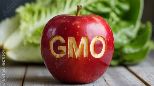 A red apple with GMO carved into it sits on a wooden table with lettuce in the background