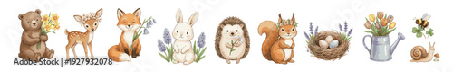 Watercolor woodland nursery clipart with baby animals, bear, deer, fox, rabbit, hedgehog, squirrel, floral elements, nest with eggs, bee, snail and garden can. Collection of Vector illustrations.