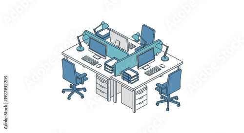 Modern office workstation with multiple computer monitors and ergonomic chairs.