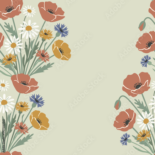 Seamless pattern with hand-drawn red poppies, white daisies, and blue cornflowers on a beige background. Charming rustic wildflower illustration for textiles, wallpaper, and floral decor.