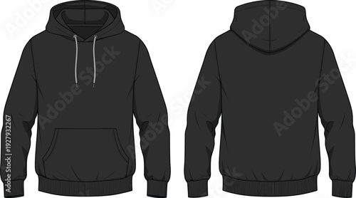 Technical fashion sketch of a mens long sleeve hoodie sweatshirt template front back views cad drawing flat vector illustration mockup