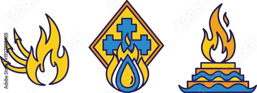 Three symbolic flame icons with a central yellow and blue emblem
