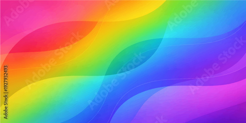 An abstract rainbow background features a bright spectrum of colorful waves and geometric shapes, creating a vibrant vector illustration texture with light patterns for a modern art backdrop wallpaper